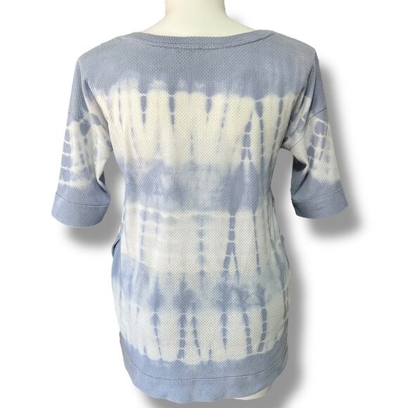 Easel Womens Waffle Knit Sweater Shirt Top Short Sleeve Tie Dye Blue White Large - Picture 4 of 11